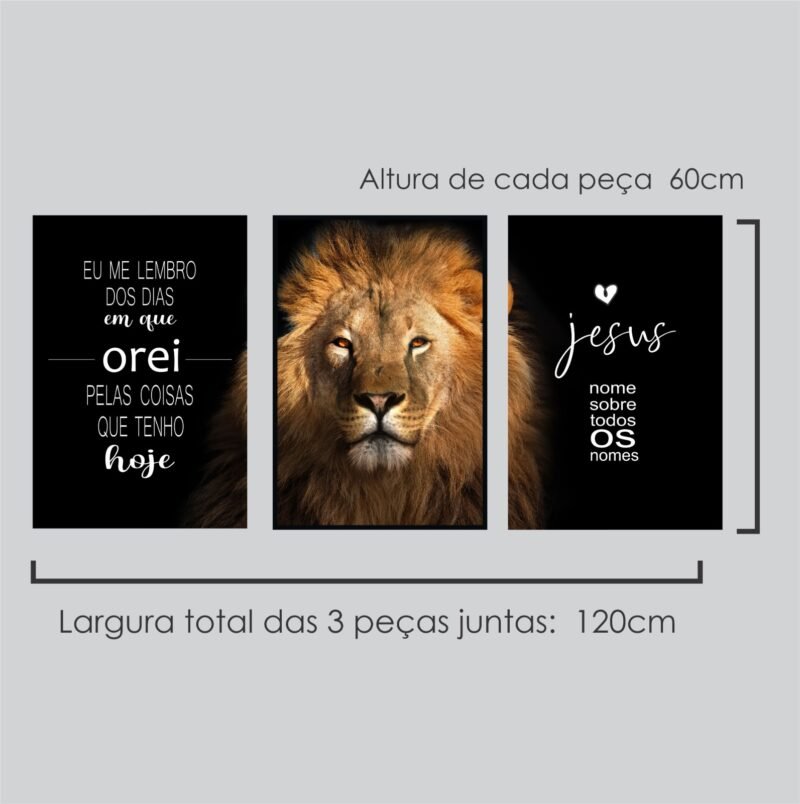 Quadro Decorativo 3 Peças Leão & Frases de Fé 120x60cm Estilo Cristão com Impacto Visual - Image 3