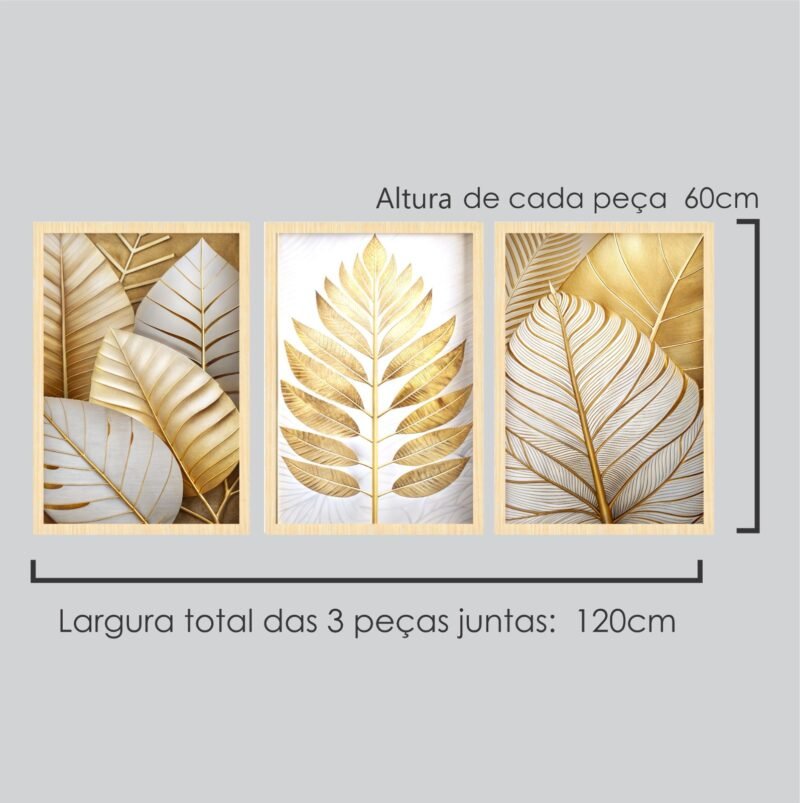 Quadro Decorativo 3 Peças Folhagem Dourada Luxo 120x60cm Elegância e Natureza em Harmonia - Image 3