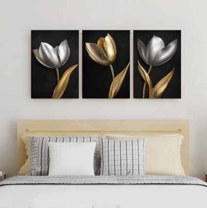 Quadro Decorativo 3 Peças Flores Douradas & Prateadas 120x60cm Elegância Atemporal para Sua Parede