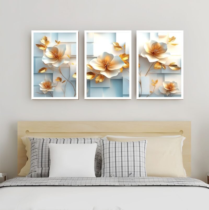 Quadro Decorativo 3 Peças Floral Luxo 120x60cm Design Elegante com Detalhes Dourados