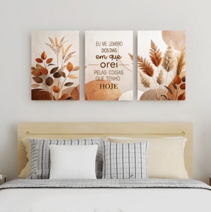 Quadro Decorativo 3 Peças com Frase Inspiradora 120x60cm Estilo Boho Natural e Tons Terrosos