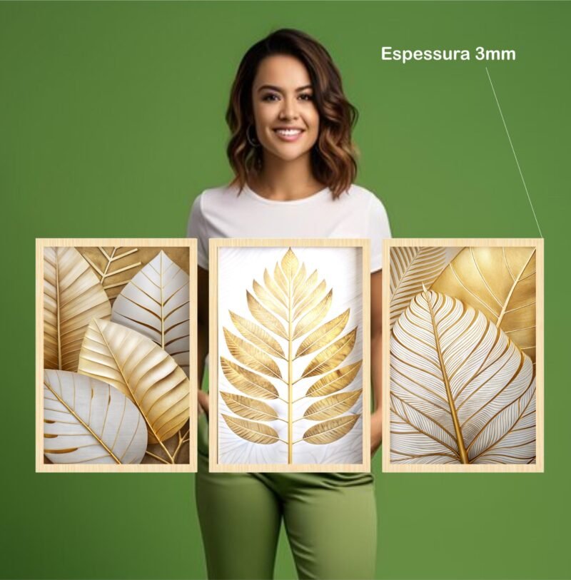 Quadro Decorativo 3 Peças Folhagem Dourada Luxo 120x60cm Elegância e Natureza em Harmonia - Image 2