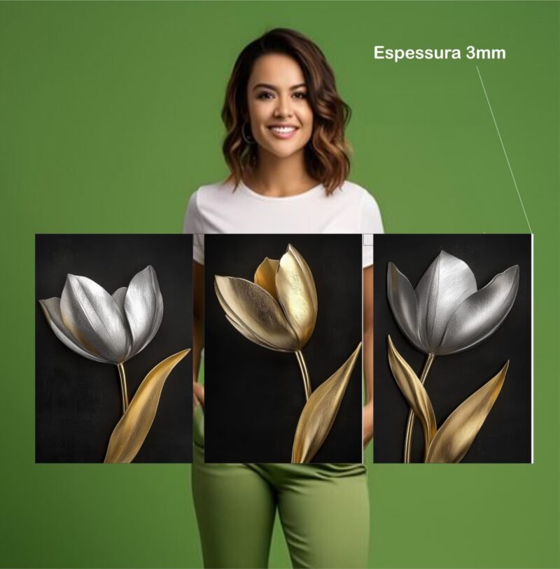 Quadro Decorativo 3 Peças Flores Douradas & Prateadas 120x60cm Elegância Atemporal para Sua Parede - Image 2