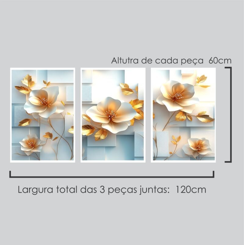 Quadro Decorativo 3 Peças Floral Luxo 120x60cm Design Elegante com Detalhes Dourados - Image 2