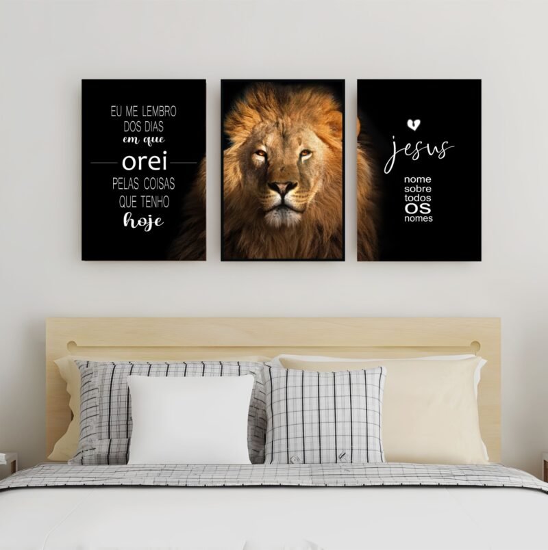 Quadro Decorativo 3 Peças Leão & Frases de Fé 120x60cm Estilo Cristão com Impacto Visual