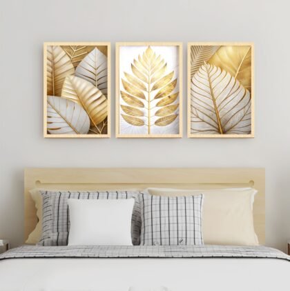 Quadro Decorativo 3 Peças Folhagem Dourada Luxo 120x60cm Elegância e Natureza em Harmonia