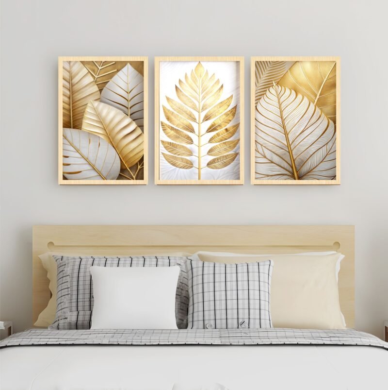 Quadro Decorativo 3 Peças Folhagem Dourada Luxo 120x60cm Elegância e Natureza em Harmonia