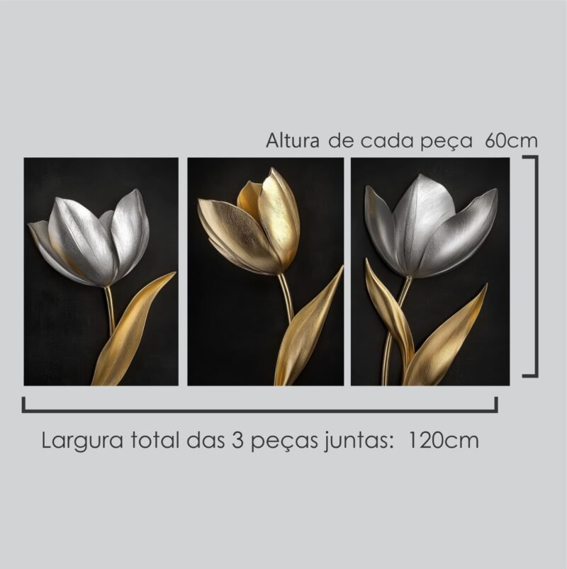 Quadro Decorativo 3 Peças Flores Douradas & Prateadas 120x60cm Elegância Atemporal para Sua Parede - Image 3