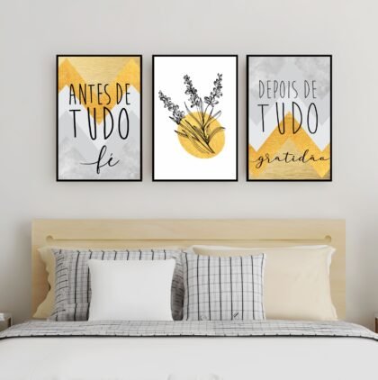 Quadros Trio de “Fé, Gratidão e Natureza” Inspiração Diária com Design Moderno