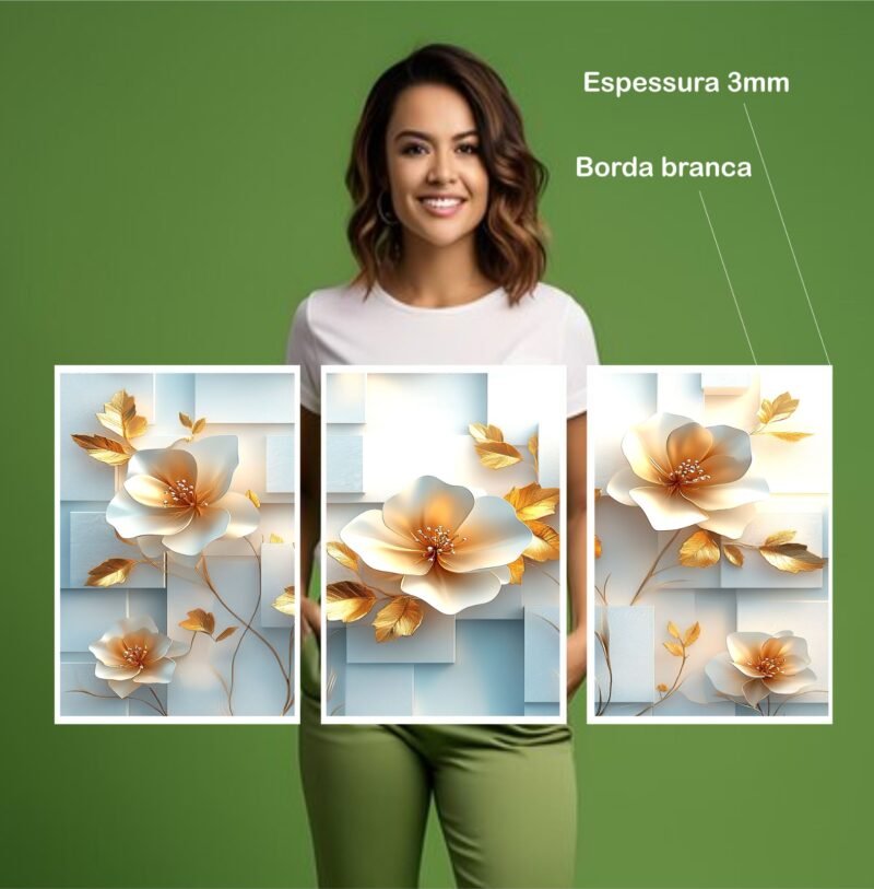 Quadro Decorativo 3 Peças Floral Luxo 120x60cm Design Elegante com Detalhes Dourados - Image 3