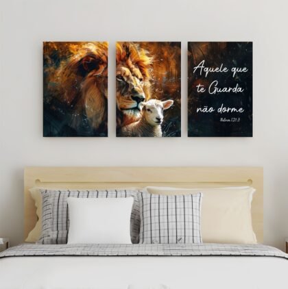 Quadro Decorativo 3 Peças Leão e Cordeiro Salmo 121 120x60cm Arte Cristã com Design Impactante