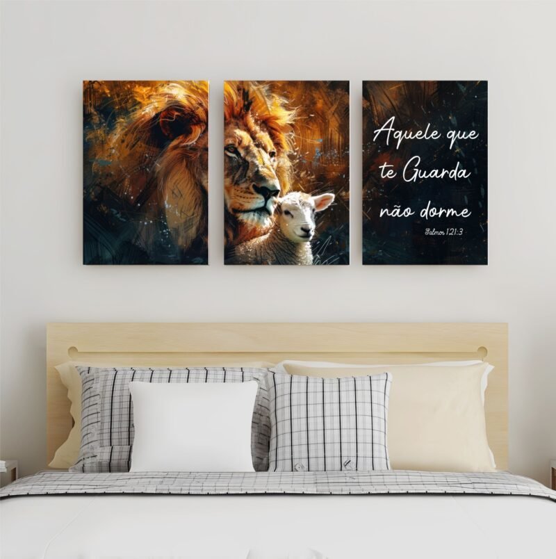 Quadro Decorativo 3 Peças Leão e Cordeiro Salmo 121 120x60cm Arte Cristã com Design Impactante