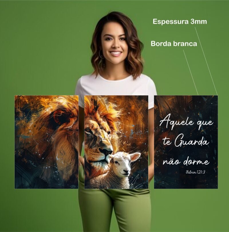 Quadro Decorativo 3 Peças Leão e Cordeiro Salmo 121 120x60cm Arte Cristã com Design Impactante - Image 3