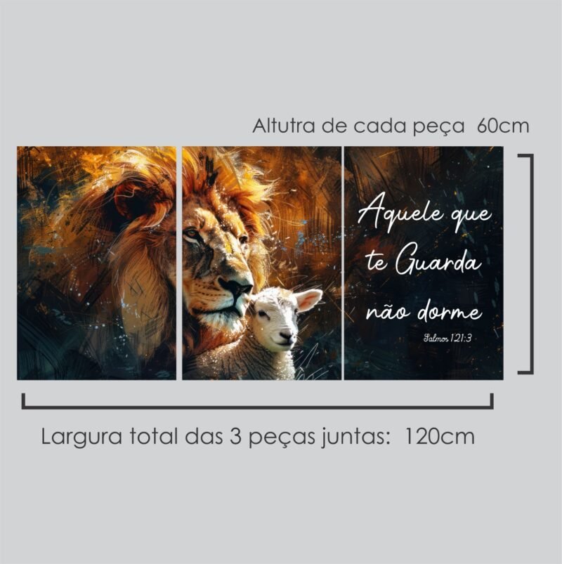 Quadro Decorativo 3 Peças Leão e Cordeiro Salmo 121 120x60cm Arte Cristã com Design Impactante - Image 2